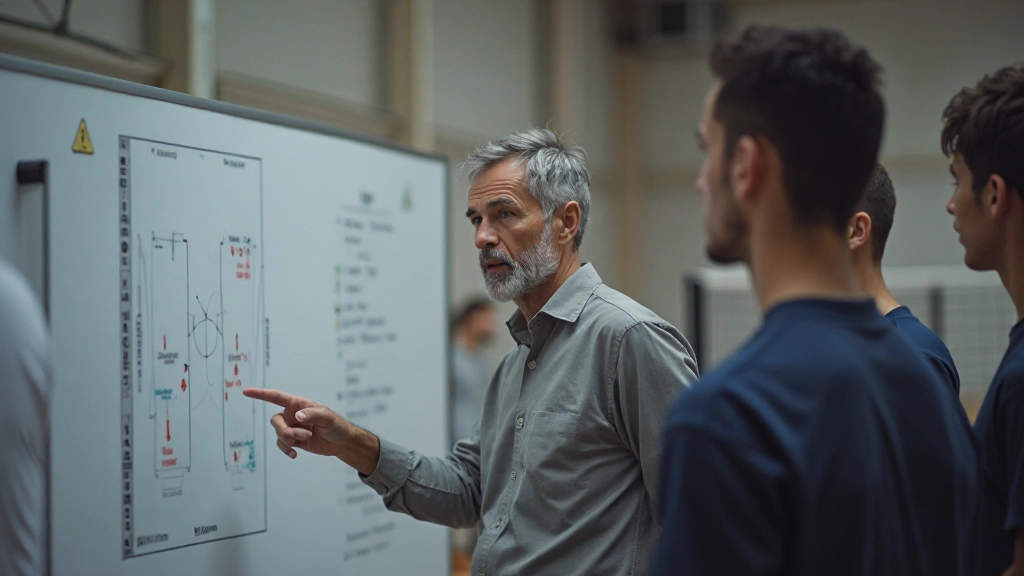 مدرب يشرح الاستراتيجية التكتيكية للفريق باستخدام رسم توضيحي وحركات يد واضحة أمام لاعبيه