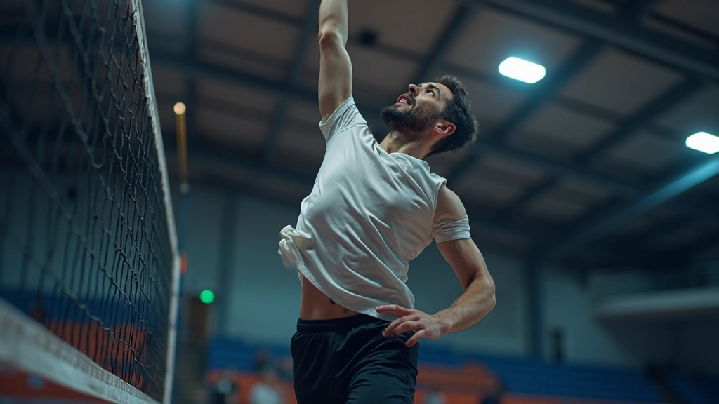 لاعب كرة طائرة يقفز عالياً ويقوم بضربة الضرب الهجومية مع قوة وتحكم تام