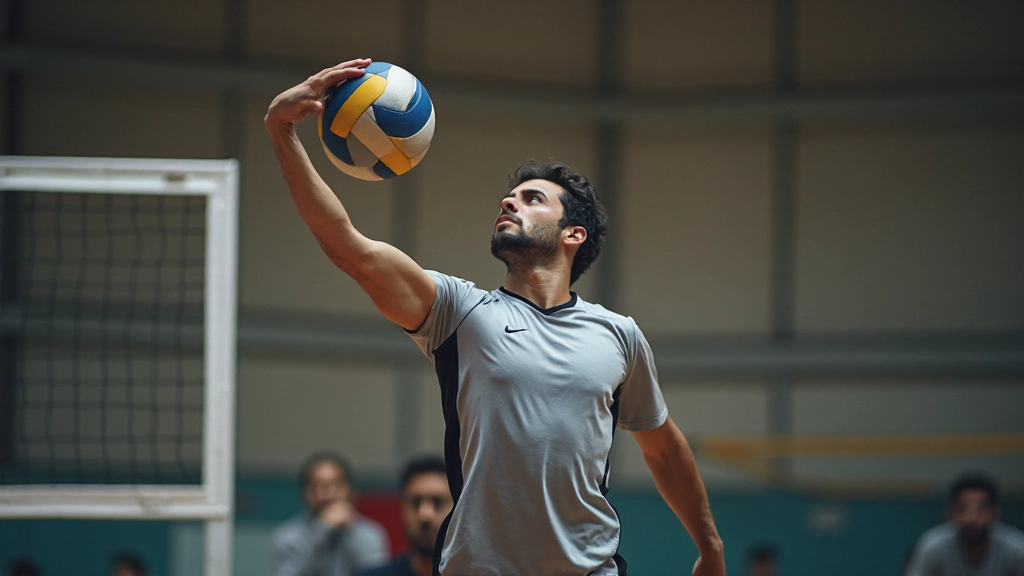 لاعب كرة طائرة يقوم بحركة الإرسال بتقنية عالية في الملعب